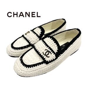 Chanel Flat Shoes Fabric White Black Here Mark Braided